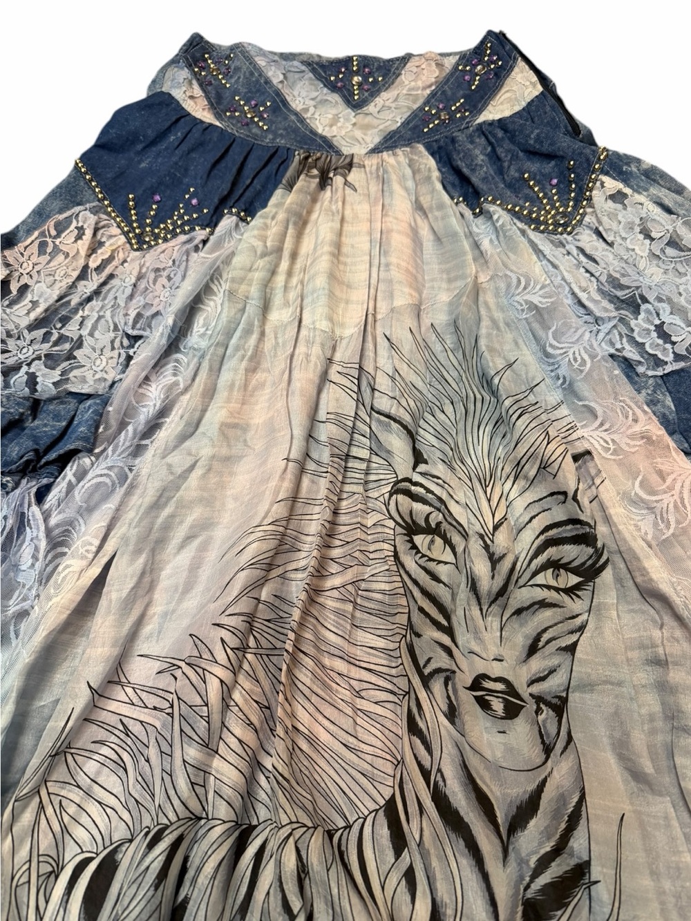 Handmade Wearable Art Zebra Woman Denim Lace Patchwork Maxi Skirt Boho M Gypsy - Picture 8 of 14